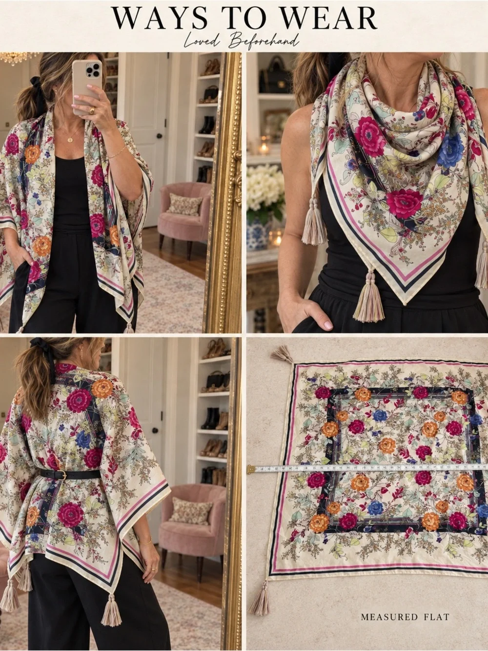 Johnny Was Felix 100% Silk Botanical Floral Tassel Scarf Wrap 44” Square